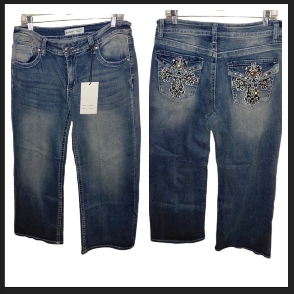 NWT Telepatia Blue Denim Jeans w/rhinestone cross back pockets SZ 17 Jr 17/33